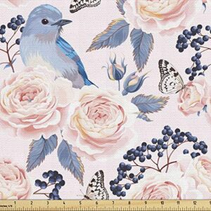 ambesonne vintage fabric material by the yard, pastel peony flowers and a little bird butterflies decor, cloth for diy upholstery furniture cushion cover and decorative home accents, 1 yard, pink blue