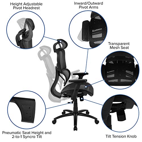 Flash Furniture LO Ergonomic Mesh Office Chair with 2-to-1 Synchro-Tilt, Adjustable Headrest, Lumbar Support, and Adjustable Pivot Arms in Black