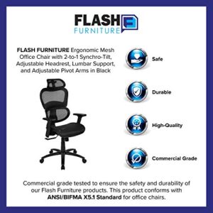 Flash Furniture LO Ergonomic Mesh Office Chair with 2-to-1 Synchro-Tilt, Adjustable Headrest, Lumbar Support, and Adjustable Pivot Arms in Black