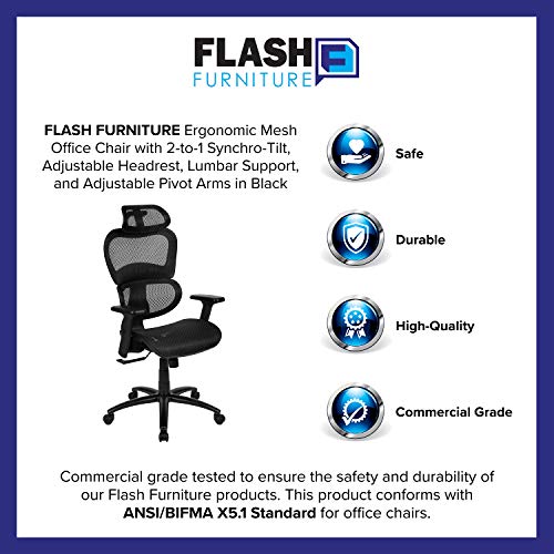 Flash Furniture LO Ergonomic Mesh Office Chair with 2-to-1 Synchro-Tilt, Adjustable Headrest, Lumbar Support, and Adjustable Pivot Arms in Black