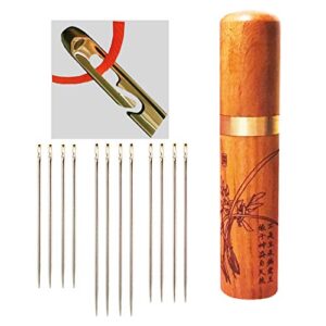 self threading needles, needle threader with needle case carving pattern golden 12 pack