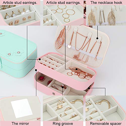 DIFFLIFE Jewelry Organizer Box，2019 New Jewelry Storage Organizer Mirrored Mini Travel Case Lockable Black Faux Leather for Valentine's Day Gift Beads, Rings, Earrings (Pink Flower) (YUNDA1998)