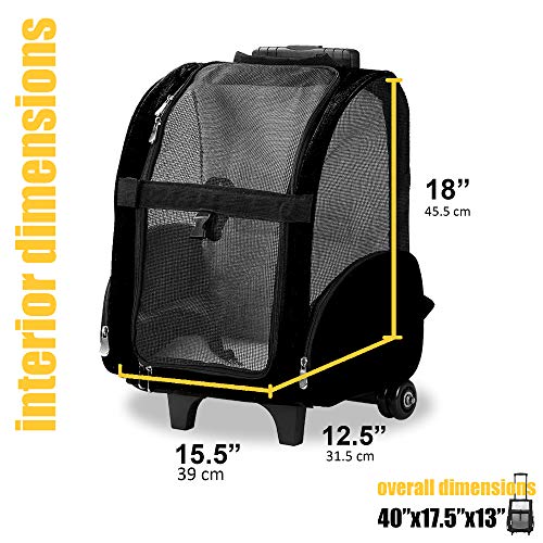 KOPEKS Deluxe Backpack Pet Travel Carrier with Double Wheels - Black - Large, KPS-1114