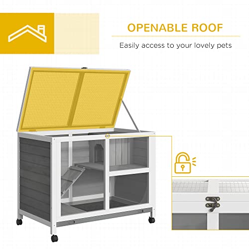 PawHut Indoor Rabbit Hutch with Wheels, Desk and Side Table Sized, Wood Rabbit Cage, Waterproof Small Rabbit Cage, Gray