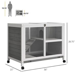 PawHut Indoor Rabbit Hutch with Wheels, Desk and Side Table Sized, Wood Rabbit Cage, Waterproof Small Rabbit Cage, Gray