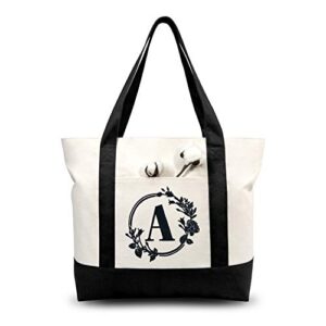 TOPDesign Embroidery Initial Canvas Tote Bag, Personalized Present Bag, Suitable for Wedding, Birthday, Beach, Holiday, is a Great Gift for Women, Mom, Teachers, Friends, Bridesmaids (Letter A)