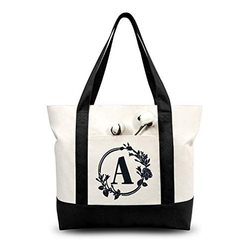 TOPDesign Embroidery Initial Canvas Tote Bag, Personalized Present Bag, Suitable for Wedding, Birthday, Beach, Holiday, is a Great Gift for Women, Mom, Teachers, Friends, Bridesmaids (Letter A)