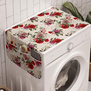 ambesonne shabby flora washing machine organizer, summer spring romantic valetines day themed flowers rose leaf, anti-slip fabric cover for washers and dryers, 47" x 18.5", forest green lilac