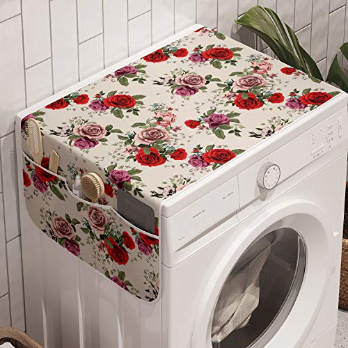 Ambesonne Shabby Flora Washing Machine Organizer, Summer Spring Romantic Valetines Day Themed Flowers Rose Leaf, Anti-slip Fabric Cover for Washers and Dryers, 47" x 18.5", Forest Green Lilac