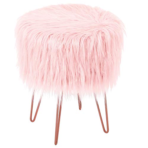 BIRDROCK HOME Pink Faux Fur Vanity Stool Chair - Soft Furry Compact Padded Seat - Vanity, Living Room, Bedroom and Kids Room Chairs - Hair Pin Metal Legs Upholstered Decorative Furniture Foot Rest