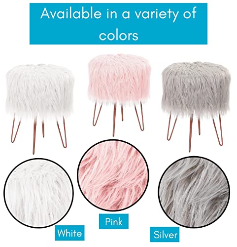 BIRDROCK HOME Pink Faux Fur Vanity Stool Chair - Soft Furry Compact Padded Seat - Vanity, Living Room, Bedroom and Kids Room Chairs - Hair Pin Metal Legs Upholstered Decorative Furniture Foot Rest