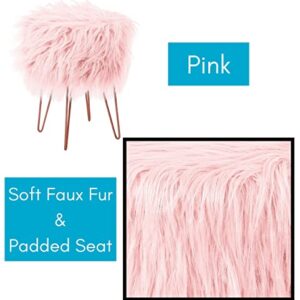 BIRDROCK HOME Pink Faux Fur Vanity Stool Chair - Soft Furry Compact Padded Seat - Vanity, Living Room, Bedroom and Kids Room Chairs - Hair Pin Metal Legs Upholstered Decorative Furniture Foot Rest