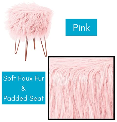 BIRDROCK HOME Pink Faux Fur Vanity Stool Chair - Soft Furry Compact Padded Seat - Vanity, Living Room, Bedroom and Kids Room Chairs - Hair Pin Metal Legs Upholstered Decorative Furniture Foot Rest