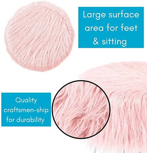 BIRDROCK HOME Pink Faux Fur Vanity Stool Chair - Soft Furry Compact Padded Seat - Vanity, Living Room, Bedroom and Kids Room Chairs - Hair Pin Metal Legs Upholstered Decorative Furniture Foot Rest