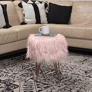 BIRDROCK HOME Pink Faux Fur Vanity Stool Chair - Soft Furry Compact Padded Seat - Vanity, Living Room, Bedroom and Kids Room Chairs - Hair Pin Metal Legs Upholstered Decorative Furniture Foot Rest