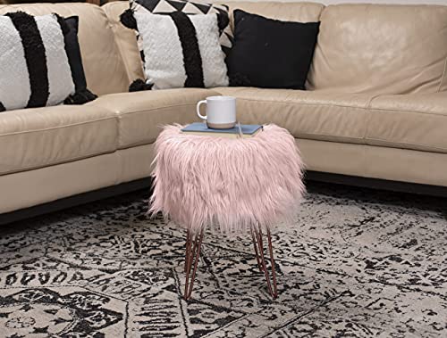 BIRDROCK HOME Pink Faux Fur Vanity Stool Chair - Soft Furry Compact Padded Seat - Vanity, Living Room, Bedroom and Kids Room Chairs - Hair Pin Metal Legs Upholstered Decorative Furniture Foot Rest