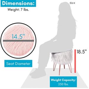 BIRDROCK HOME Pink Faux Fur Vanity Stool Chair - Soft Furry Compact Padded Seat - Vanity, Living Room, Bedroom and Kids Room Chairs - Hair Pin Metal Legs Upholstered Decorative Furniture Foot Rest