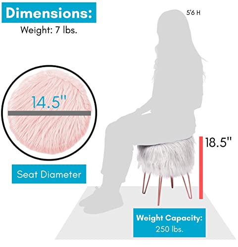 BIRDROCK HOME Pink Faux Fur Vanity Stool Chair - Soft Furry Compact Padded Seat - Vanity, Living Room, Bedroom and Kids Room Chairs - Hair Pin Metal Legs Upholstered Decorative Furniture Foot Rest