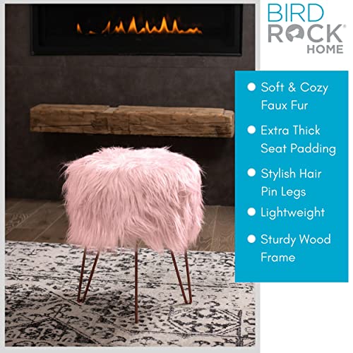 BIRDROCK HOME Pink Faux Fur Vanity Stool Chair - Soft Furry Compact Padded Seat - Vanity, Living Room, Bedroom and Kids Room Chairs - Hair Pin Metal Legs Upholstered Decorative Furniture Foot Rest