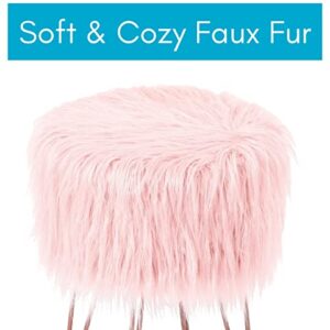 BIRDROCK HOME Pink Faux Fur Vanity Stool Chair - Soft Furry Compact Padded Seat - Vanity, Living Room, Bedroom and Kids Room Chairs - Hair Pin Metal Legs Upholstered Decorative Furniture Foot Rest