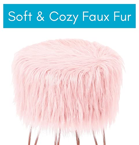 BIRDROCK HOME Pink Faux Fur Vanity Stool Chair - Soft Furry Compact Padded Seat - Vanity, Living Room, Bedroom and Kids Room Chairs - Hair Pin Metal Legs Upholstered Decorative Furniture Foot Rest