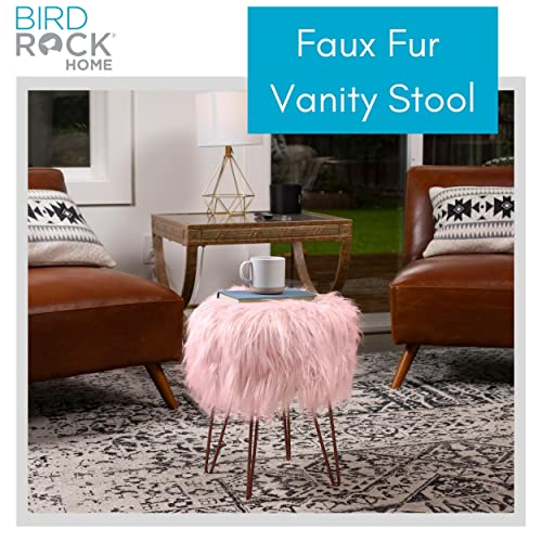 BIRDROCK HOME Pink Faux Fur Vanity Stool Chair - Soft Furry Compact Padded Seat - Vanity, Living Room, Bedroom and Kids Room Chairs - Hair Pin Metal Legs Upholstered Decorative Furniture Foot Rest