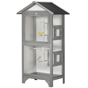 pawhut 60" wooden outdoor bird cage for finches, parakeet, large bird cage with removable bottom tray 4 perch, light gray
