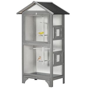 PawHut 60" Wooden Outdoor Bird Cage for Finches, Parakeet, Large Bird Cage with Removable Bottom Tray 4 Perch, Light Gray