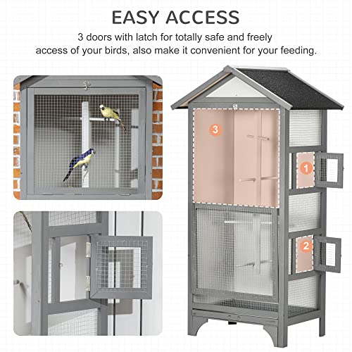 PawHut 60" Wooden Outdoor Bird Cage for Finches, Parakeet, Large Bird Cage with Removable Bottom Tray 4 Perch, Light Gray