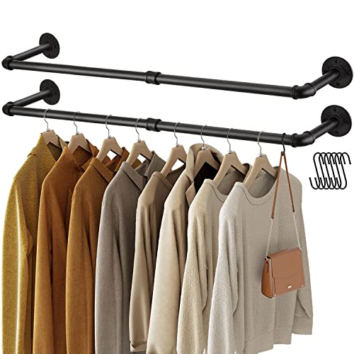 GREENSTELL Clothes Rack,36.2 Inch Industrial Pipe Wall Mounted Garment Rack,Space-Saving Hanging Clothes Rack,Heavy Duty Detachable Garment Bar,Multi-Purpose Hanging Rod for Closet 2 Base (2 Pack)