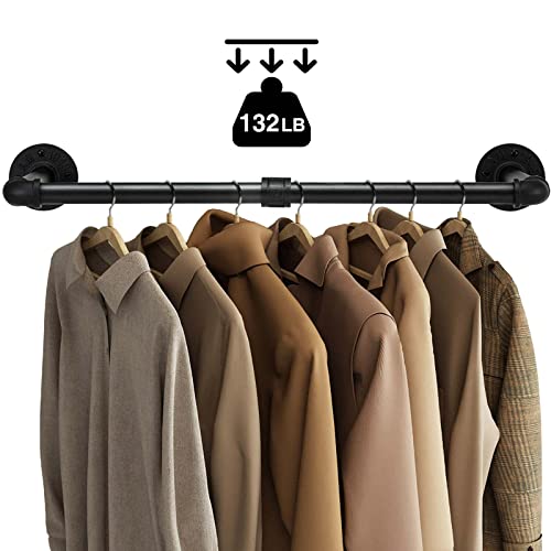 GREENSTELL Clothes Rack,36.2 Inch Industrial Pipe Wall Mounted Garment Rack,Space-Saving Hanging Clothes Rack,Heavy Duty Detachable Garment Bar,Multi-Purpose Hanging Rod for Closet 2 Base (2 Pack)