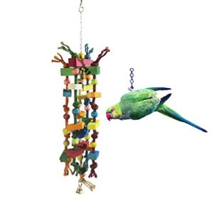 bird chew toy skwakoco. the size 18" multicolored natural wooden blocks, beads and natural 100% hemp rope. toy is suggested for large and medium parrot