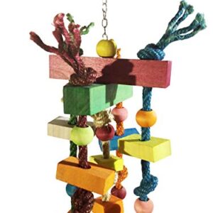 Bird Chew Toy SKWAKOCO. The Size 18" Multicolored Natural Wooden Blocks, Beads and Natural 100% Hemp Rope. Toy is Suggested for Large and Medium Parrot