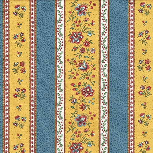 Textiles français Provençal Stripe Floral Fabric GORDES | Stone Blue and Yellow - with Red, Green and Ivory - Luxury 100% Cotton Printed Fabric - 63 inches Wide | Per Yard Length Increment