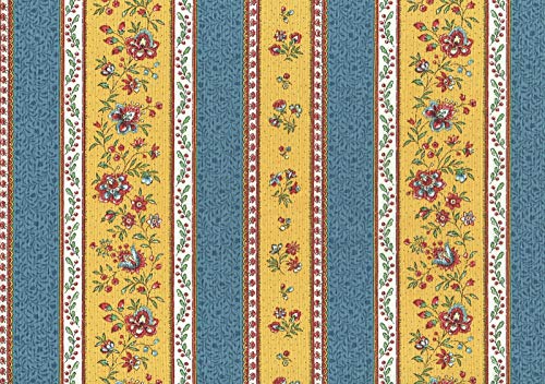 Textiles français Provençal Stripe Floral Fabric GORDES | Stone Blue and Yellow - with Red, Green and Ivory - Luxury 100% Cotton Printed Fabric - 63 inches Wide | Per Yard Length Increment