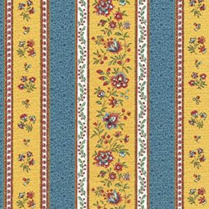 Textiles français Provençal Stripe Floral Fabric GORDES | Stone Blue and Yellow - with Red, Green and Ivory - Luxury 100% Cotton Printed Fabric - 63 inches Wide | Per Yard Length Increment