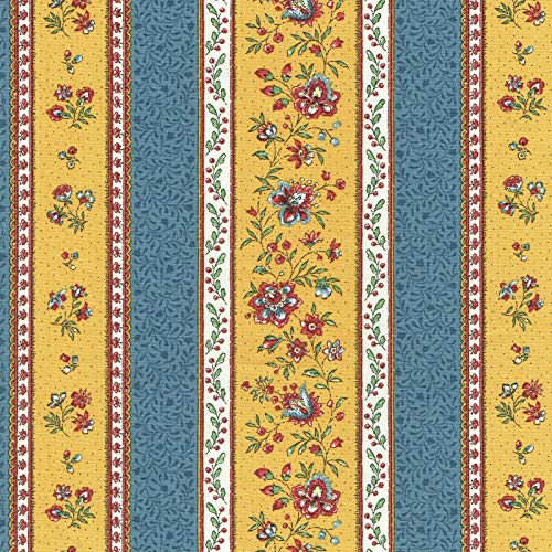 Textiles français Provençal Stripe Floral Fabric GORDES | Stone Blue and Yellow - with Red, Green and Ivory - Luxury 100% Cotton Printed Fabric - 63 inches Wide | Per Yard Length Increment