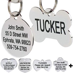 gotags stainless steel pet id tags, personalized dog tags and cat tags, up to 8 lines of custom text, engraved on both sides, in bone, round, heart, bow tie and more
