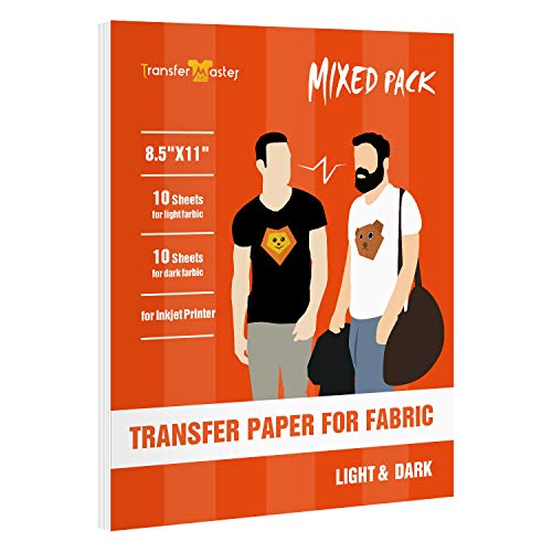 Printable Heat Transfer Paper for Inkjet Printers, 20 Sheets Mixed Pack - Light and Dark Fabric Iron-On Transfer Paper for DIY T-shirts, 8.5X11 Inch