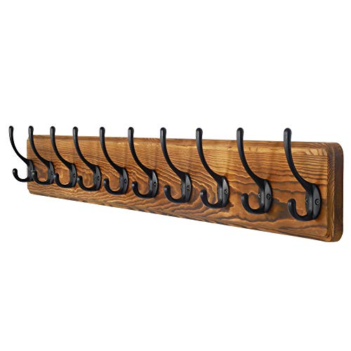 Dseap Coat Rack Wall Mounted: 10 Hooks, 38-1/4" Long, Heavy Duty Wooden Wall Coat Hanger Coat Hook for Clothes Hat Jacket Clothing, Natural & Black