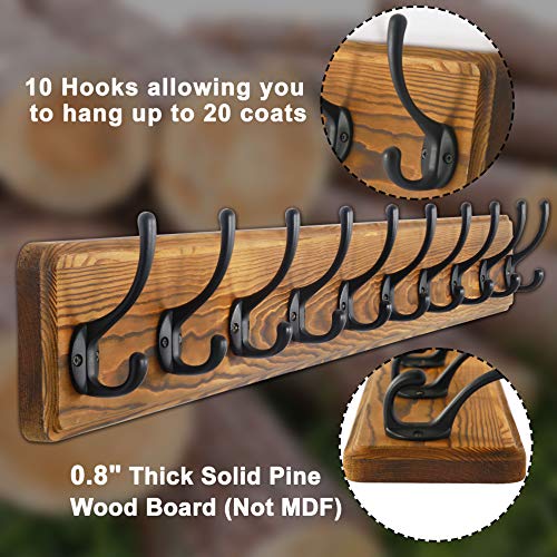 Dseap Coat Rack Wall Mounted: 10 Hooks, 38-1/4" Long, Heavy Duty Wooden Wall Coat Hanger Coat Hook for Clothes Hat Jacket Clothing, Natural & Black
