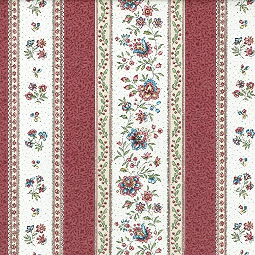 Textiles français Provençal Stripe Floral Fabric GORDES | Antique Red and Ivory - with Rose Pink, Green and Beige - Luxury 100% Cotton Printed Fabric - 63 inches Wide | Per Yard Length Increment