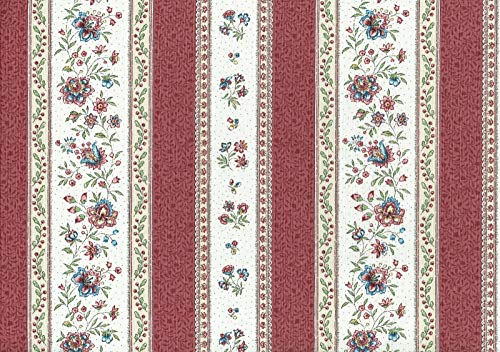 Textiles français Provençal Stripe Floral Fabric GORDES | Antique Red and Ivory - with Rose Pink, Green and Beige - Luxury 100% Cotton Printed Fabric - 63 inches Wide | Per Yard Length Increment