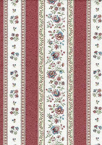 Textiles français Provençal Stripe Floral Fabric GORDES | Antique Red and Ivory - with Rose Pink, Green and Beige - Luxury 100% Cotton Printed Fabric - 63 inches Wide | Per Yard Length Increment