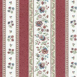 Textiles français Provençal Stripe Floral Fabric GORDES | Antique Red and Ivory - with Rose Pink, Green and Beige - Luxury 100% Cotton Printed Fabric - 63 inches Wide | Per Yard Length Increment