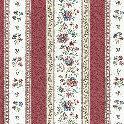 Textiles français Provençal Stripe Floral Fabric GORDES | Antique Red and Ivory - with Rose Pink, Green and Beige - Luxury 100% Cotton Printed Fabric - 63 inches Wide | Per Yard Length Increment