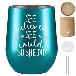 Fancyfams She Believed She Could So She Did - Congratulations Gifts - Graduation Gifts for Her - 12 oz Stainless Steel Wine Tumbler (Turquoise)