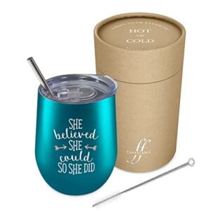 Fancyfams She Believed She Could So She Did - Congratulations Gifts - Graduation Gifts for Her - 12 oz Stainless Steel Wine Tumbler (Turquoise)