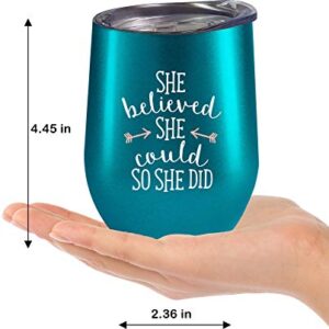 Fancyfams She Believed She Could So She Did - Congratulations Gifts - Graduation Gifts for Her - 12 oz Stainless Steel Wine Tumbler (Turquoise)