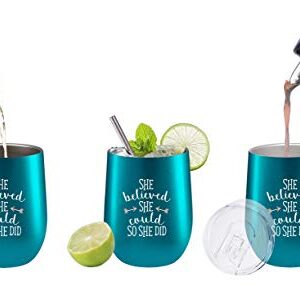 Fancyfams She Believed She Could So She Did - Congratulations Gifts - Graduation Gifts for Her - 12 oz Stainless Steel Wine Tumbler (Turquoise)